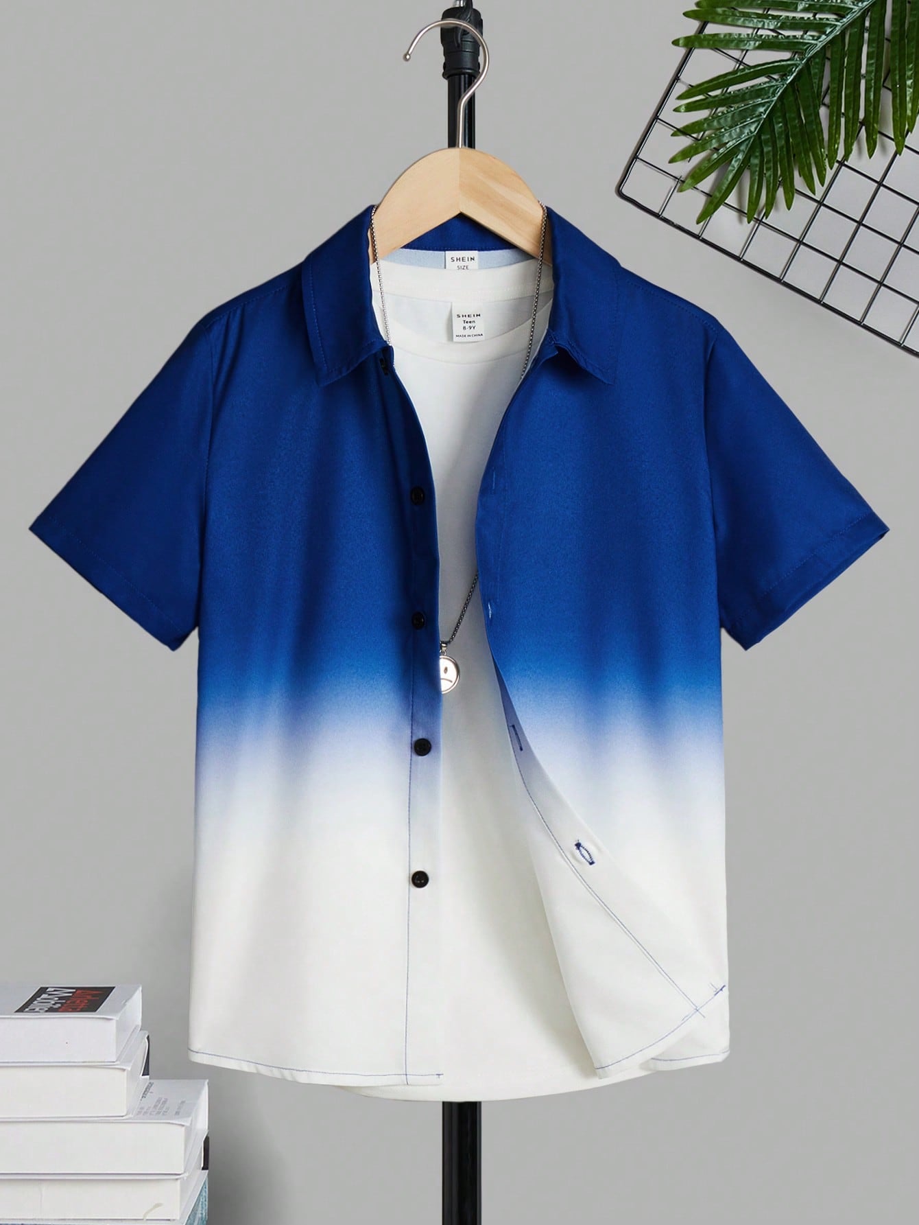 Tween Boy Vacation Style Gradient Print Turn-Down Collar Short Sleeve Woven Shirt