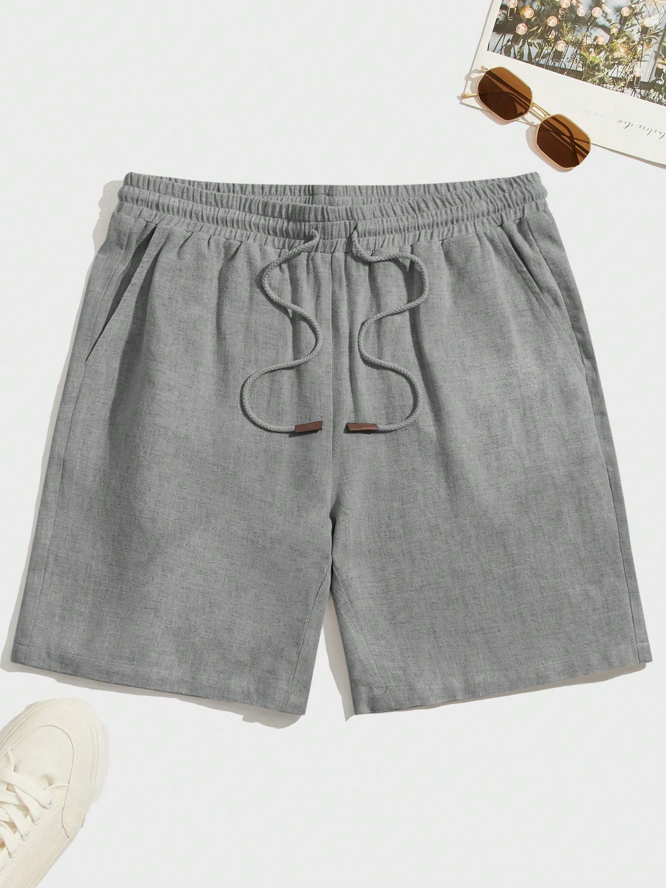 Men Summer Casual Plain Color Drawstring Waist Shorts