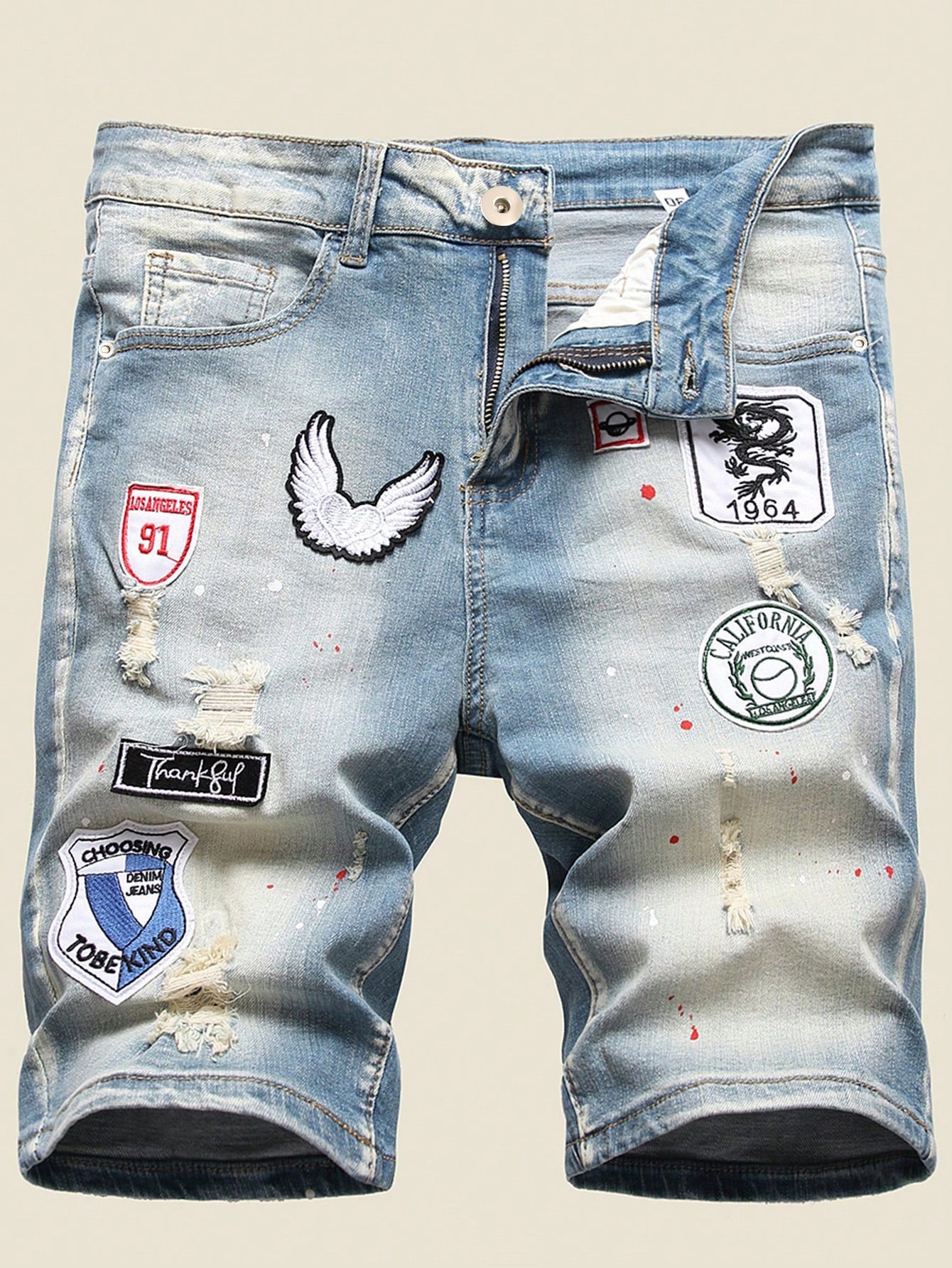 Men's Plus Size Distressed Denim Shorts With Patch Design Jorts Graphic Plain Light Blue Party