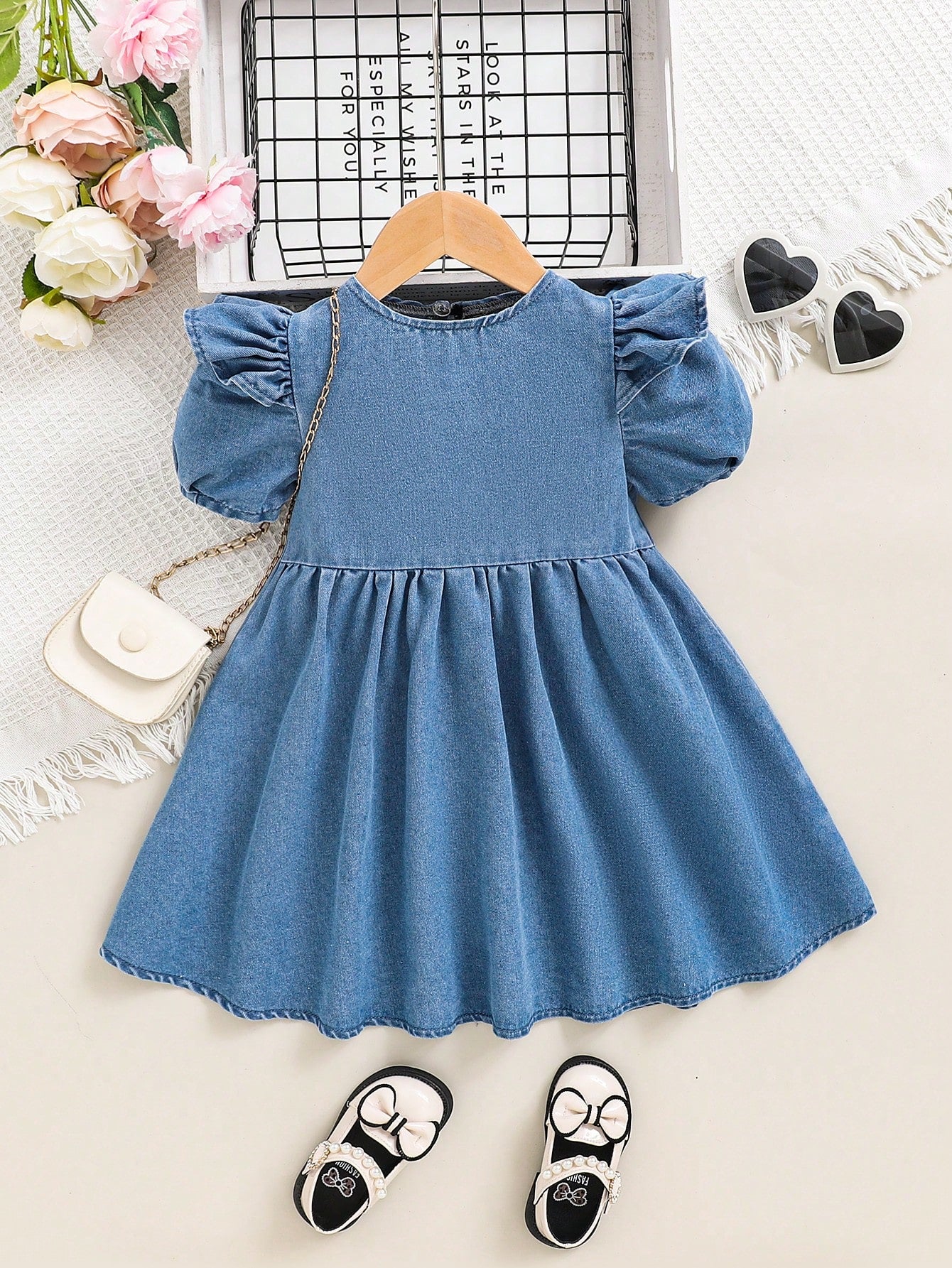 Young Girl Spring New Vacation Cute Bubble Sleeve Denim Dress