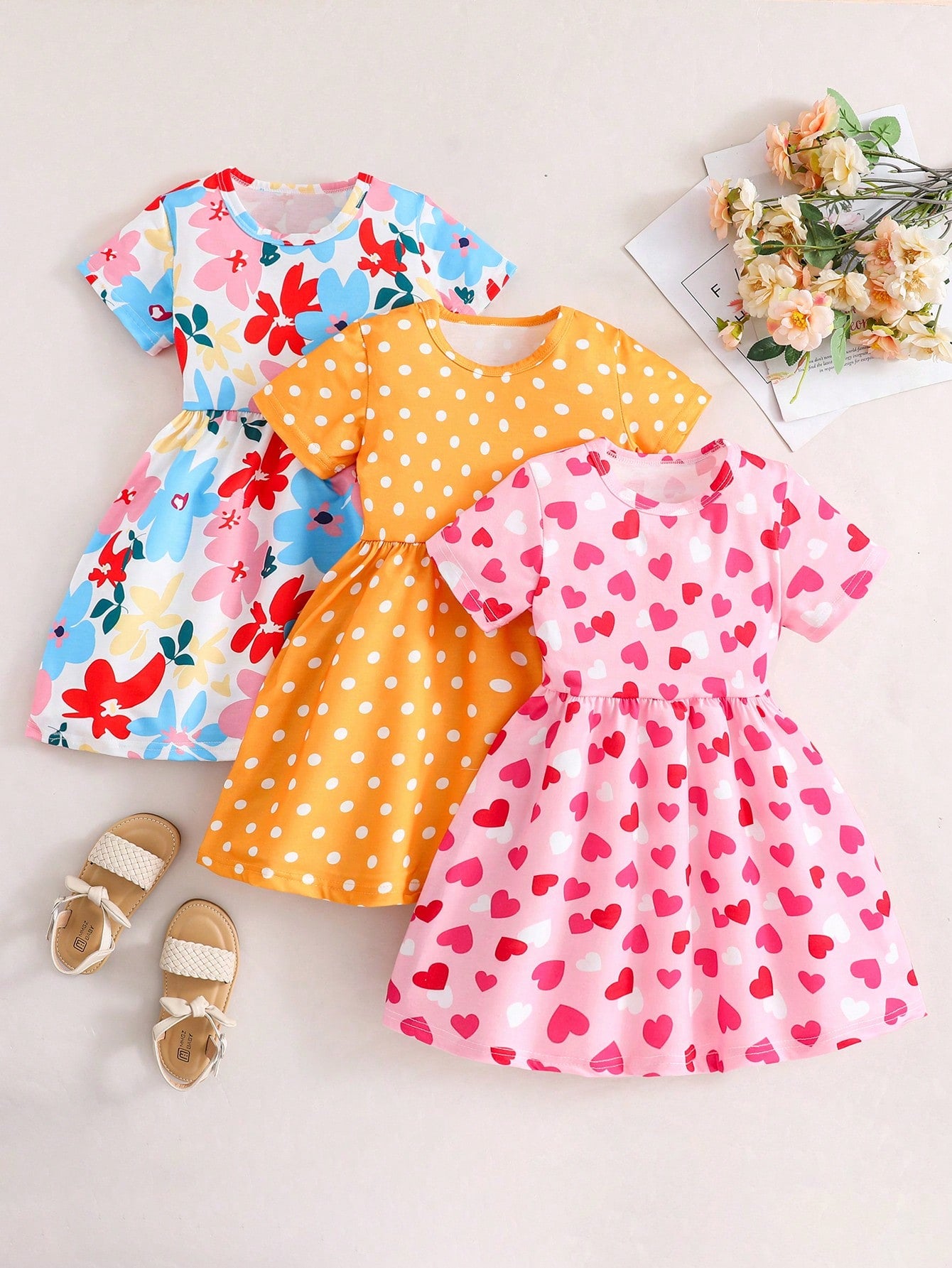 Young Girl 3pcs Striped & Sunflower Print Dress