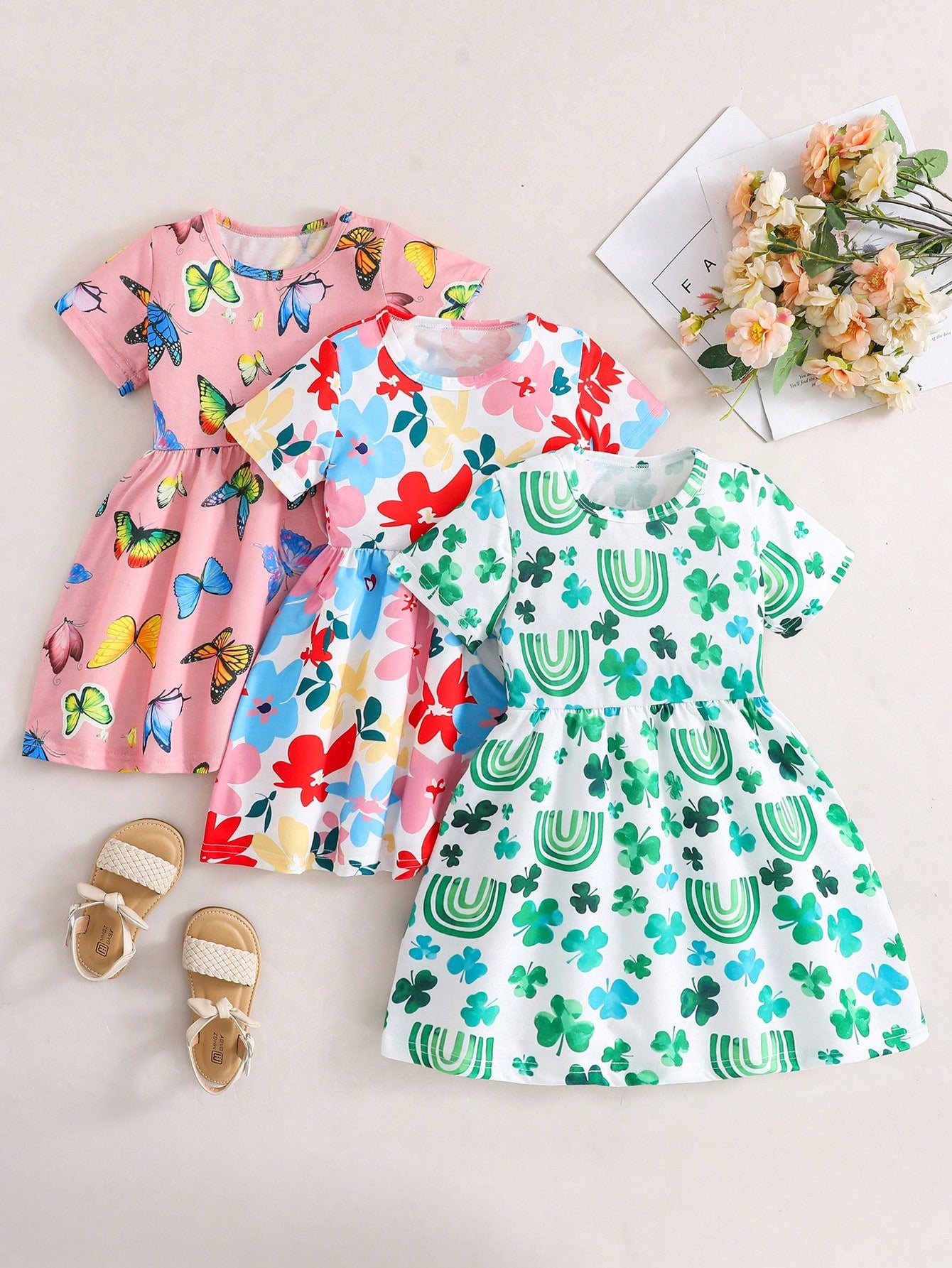 Young Girl 3pcs Striped & Sunflower Print Dress