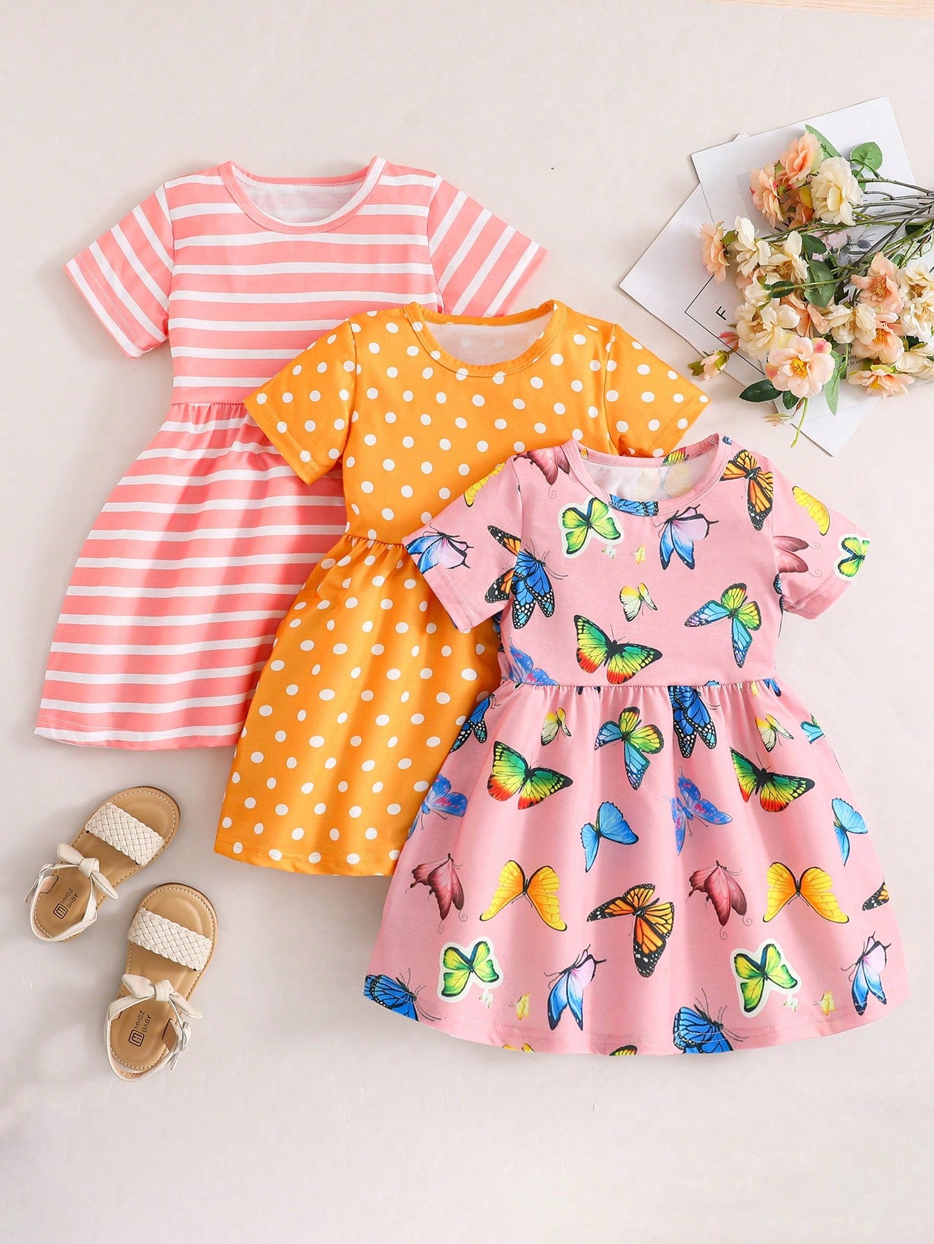 Young Girl 3pcs Striped & Sunflower Print Dress