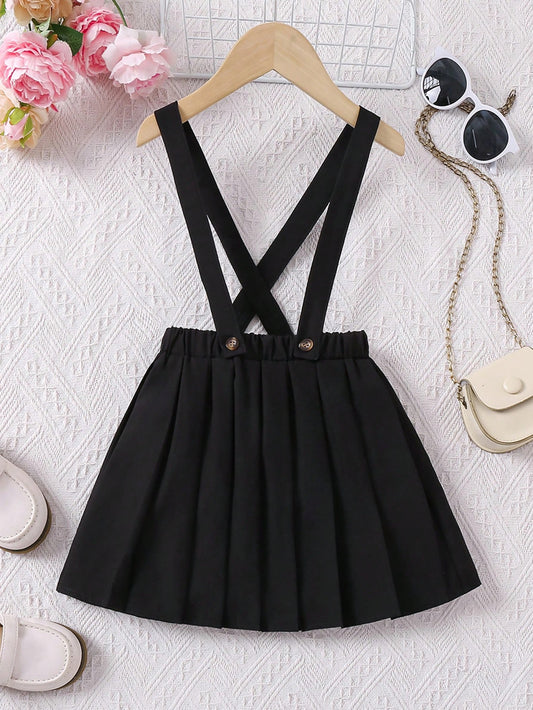 1pc Young Girl's Elegant Solid Color Pleated Suspender Skirt