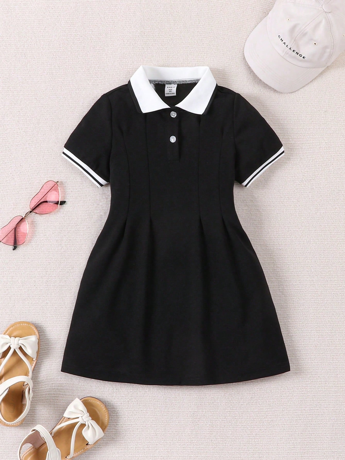 Young Girl Color Block Square Neck Short Sleeve Dress For Summer