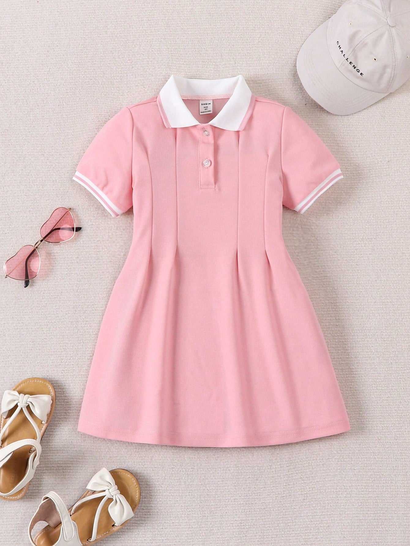 Young Girl Contrast Collar Button Front Dress