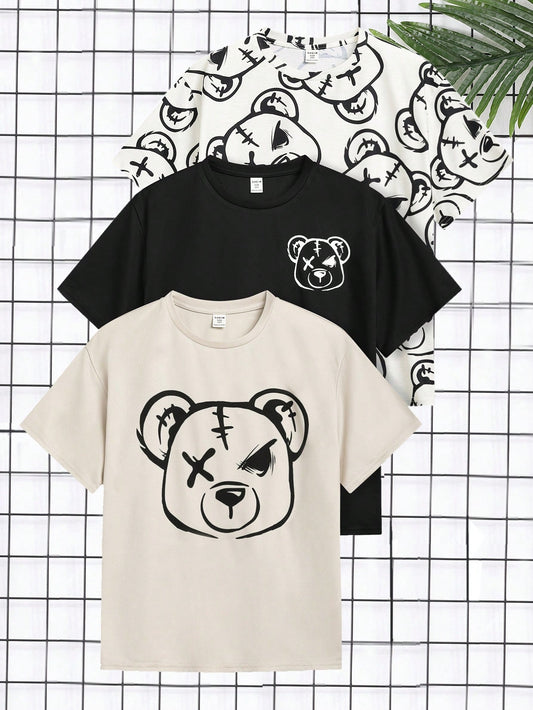 3pcs/Set Tween Boys' Casual Korean Style Bear Pattern Printed Loose Fit Knitted Short Sleeve Tee Shirts, 3 Colors Each