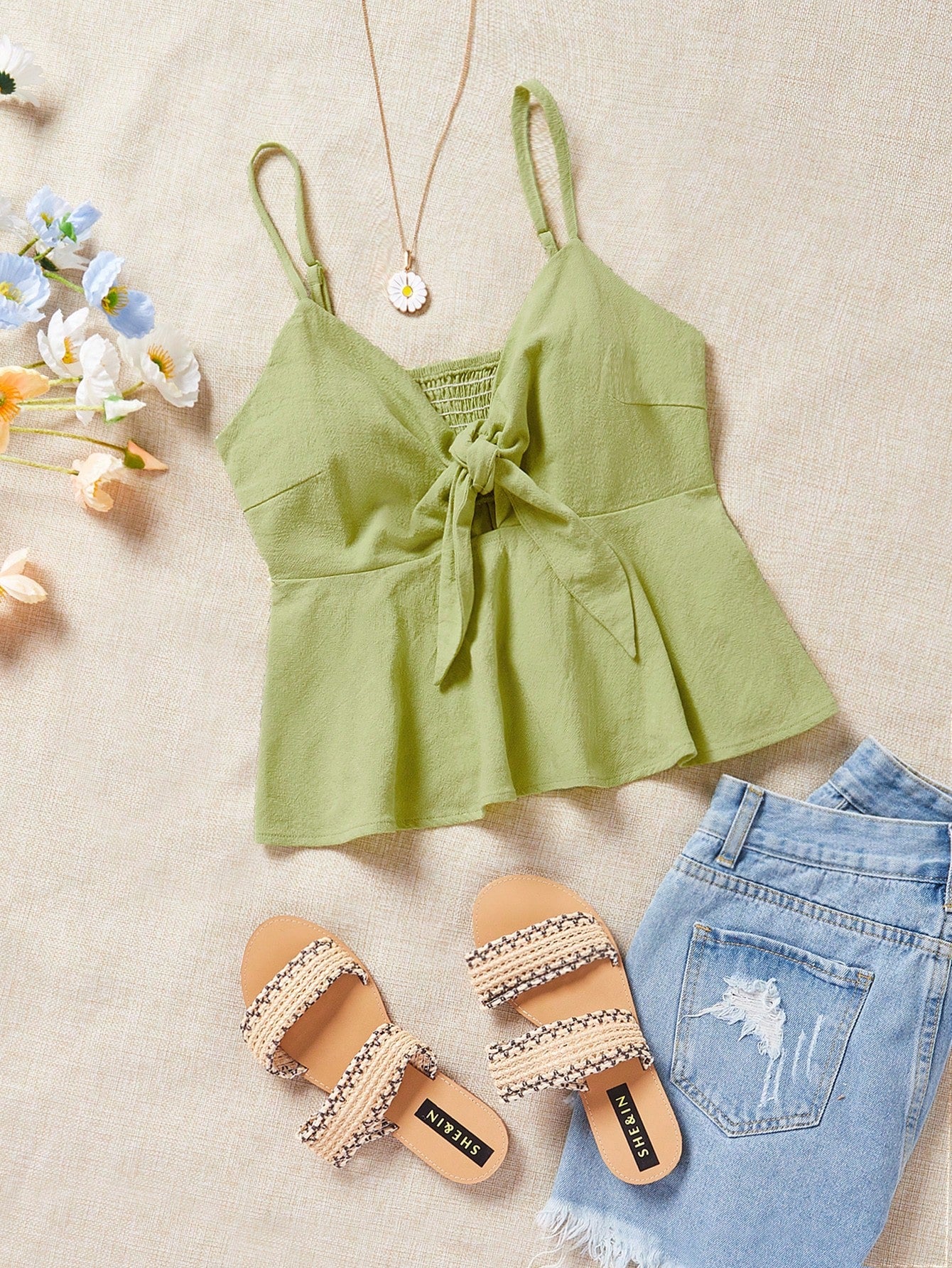 Knot Front Ruffle Hem Cami Top