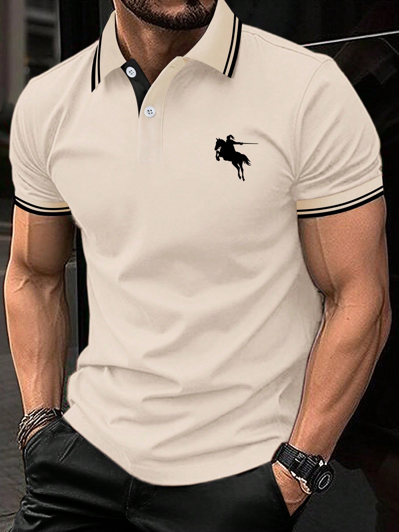 Men Horse Graphic Contrast Trim Polo Shirt