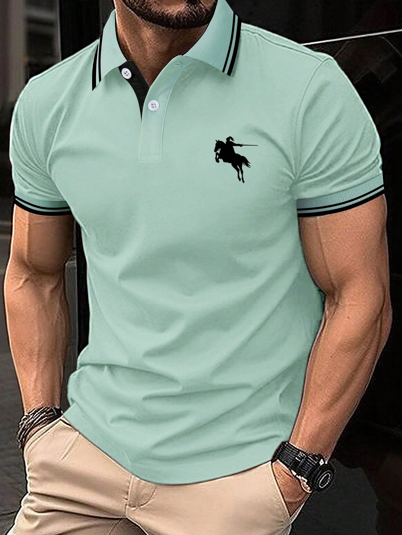 Men Horse Print Striped Trim Polo Shirt