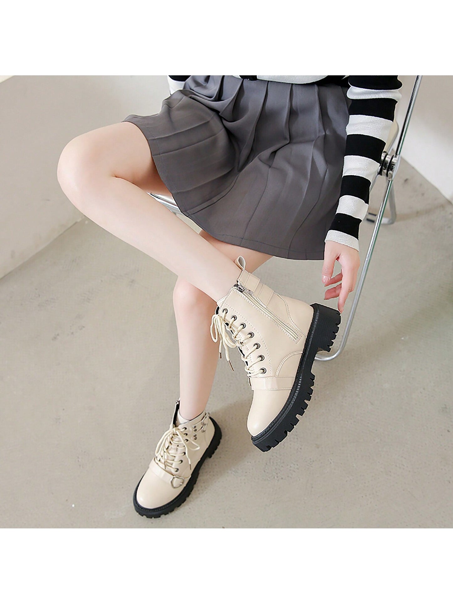 Women's Fashion Boots  Side Zip Round Toe Boots Lace Up Combat Boots