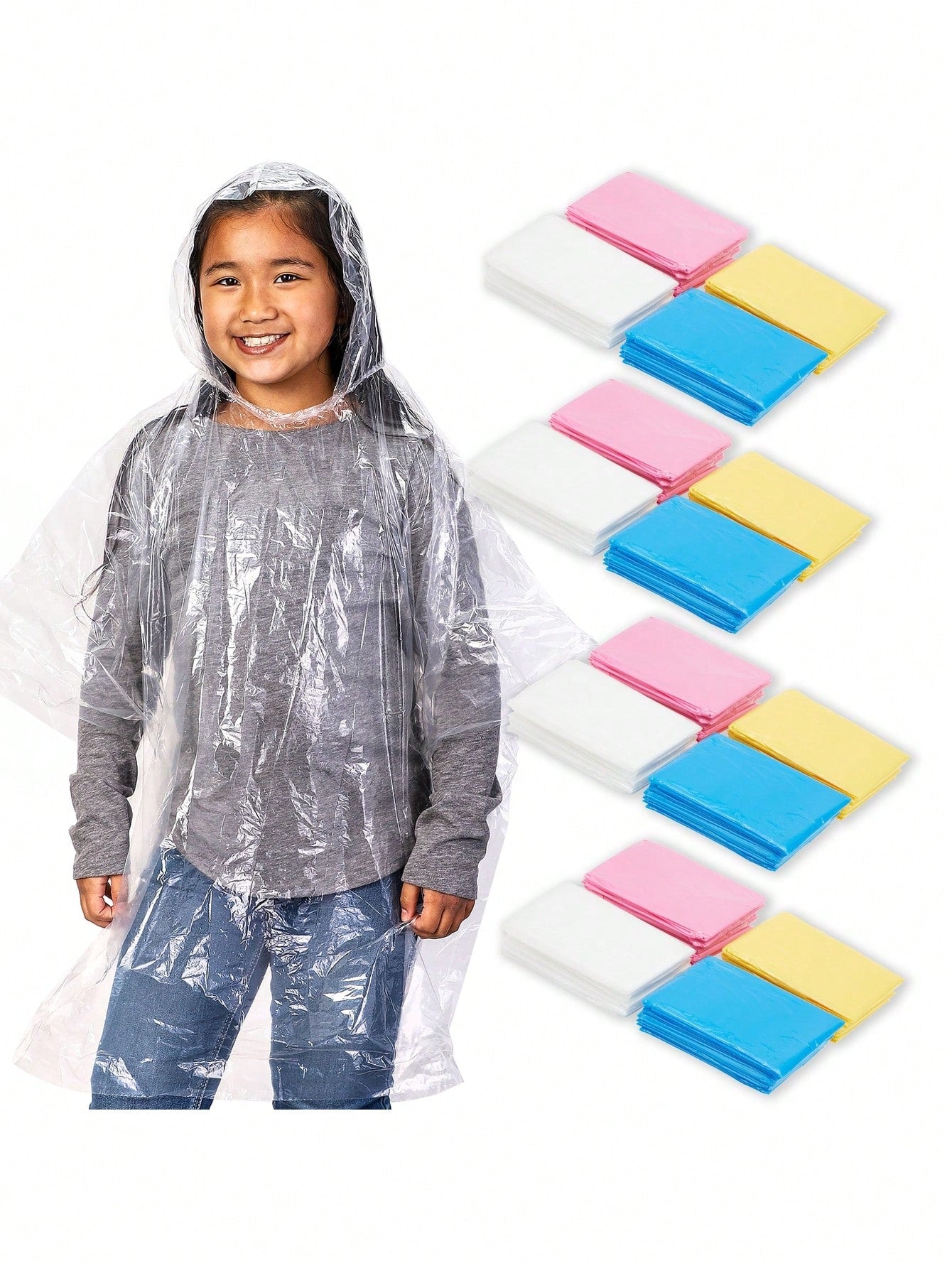 20-Pack Bulk Disposable Rain Ponchos For Kids With Hoods, Clear Plastic Raincoats For Emergencies, Girls, Boys, Music Festivals, Theme Parks, Rainy Days (4 Colors)