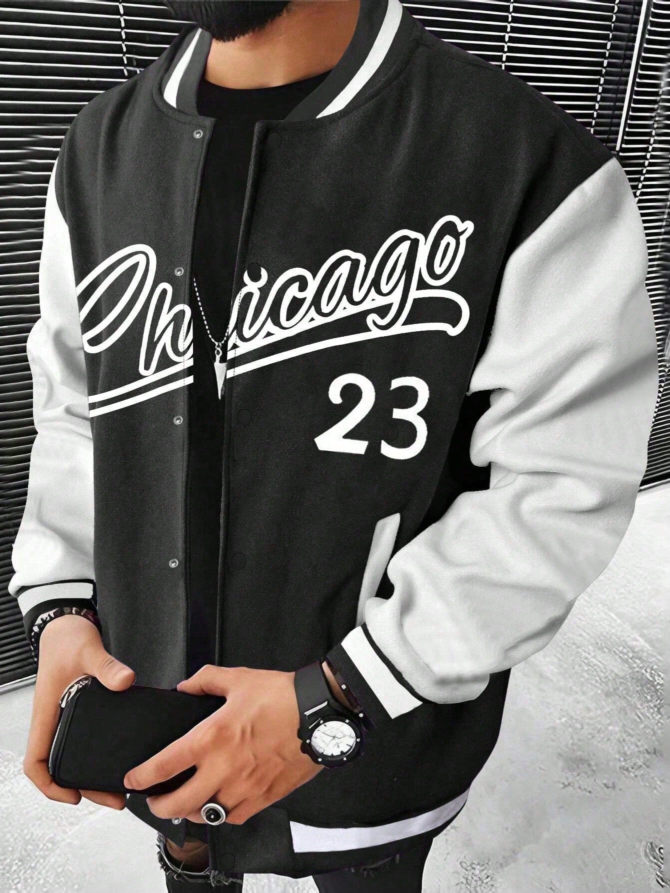 Men Letter Graphic Two Tone Varsity Jacket