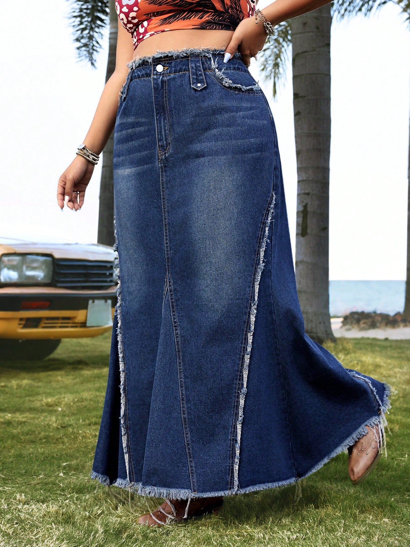 Plus Size Denim Blue Long Split Skirt With Fringe Hem