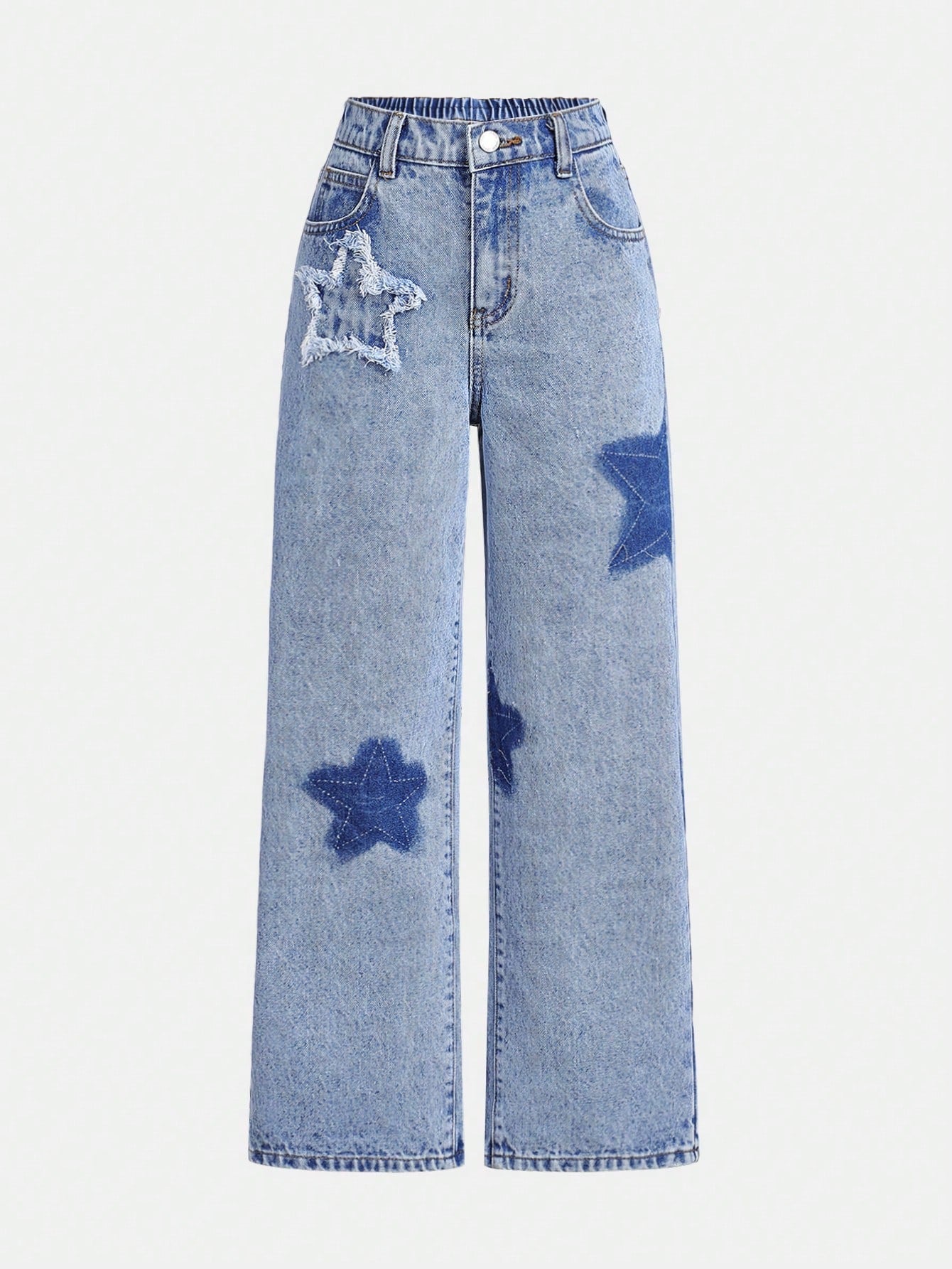 Tween Girls Cute Star Print Washed Denim Straight Leg Jeans