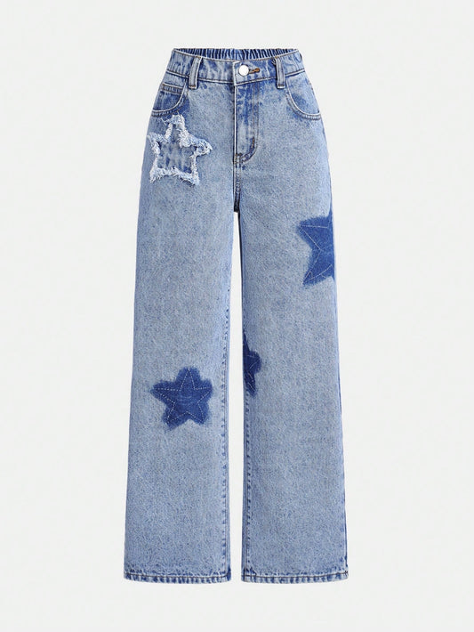 Tween Girls' Cute Starry Pattern Washed Straight-Leg Jeans