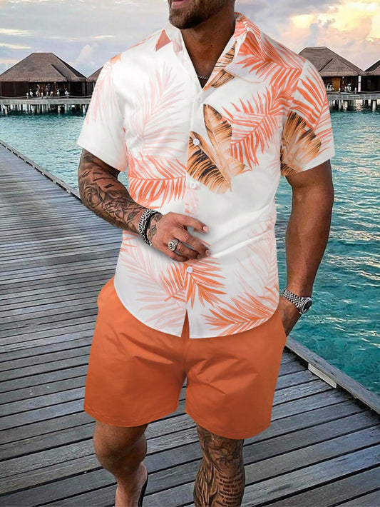 Men's Tropical Print Short Sleeve Shirt And Shorts With Slanted Pockets