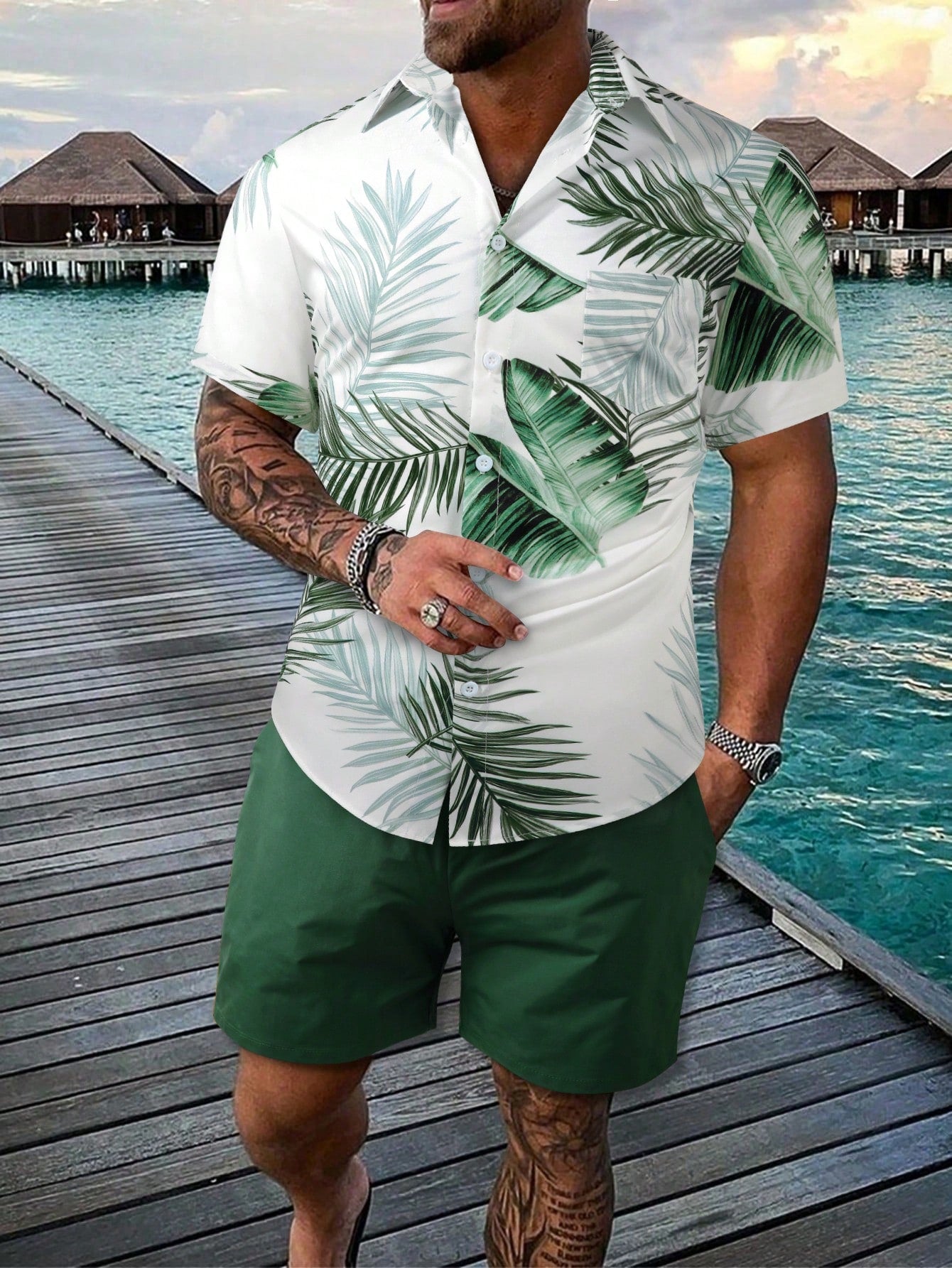 Men's Tropical Print Short Sleeve Shirt And Shorts With Slanted Pocket Suit