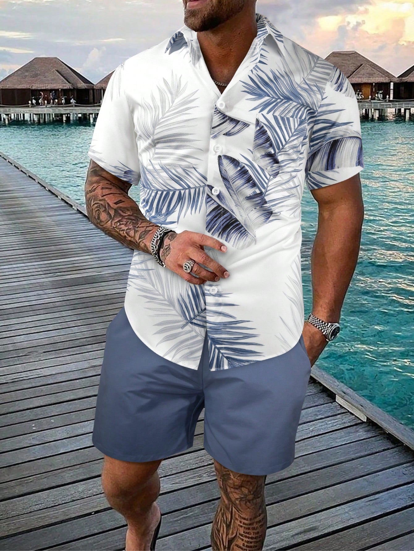 Men's Tropical Print Short Sleeve Shirt And Shorts With Slanted Pocket Suit