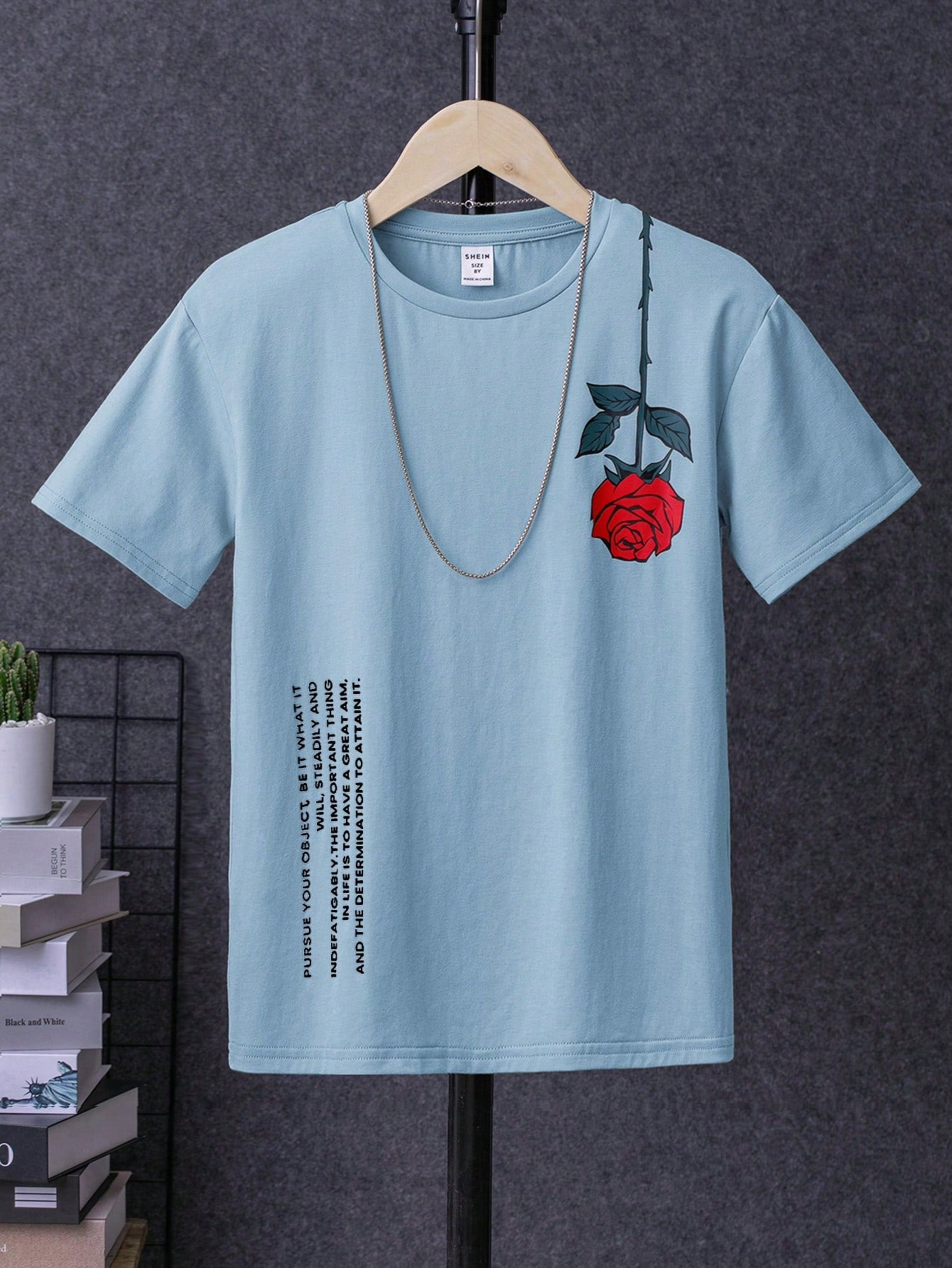 Minimalist Flower & Letter Printed Knit Comfortable Loose Fit Casual T-Shirt For Tween Boys