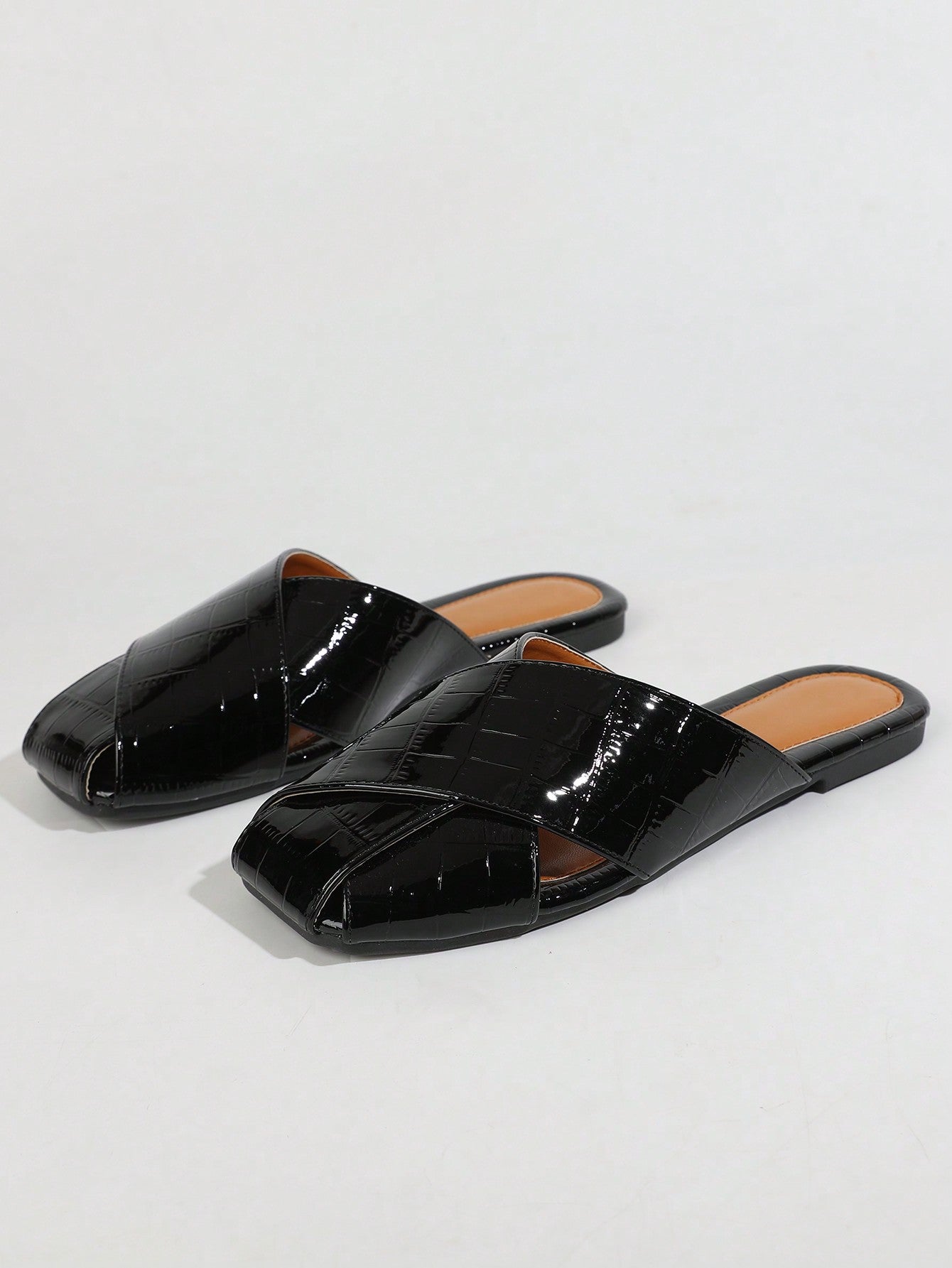 Funky Mule Flats For Women, Colorblock Snakeskin Embossed Square Toe Flats