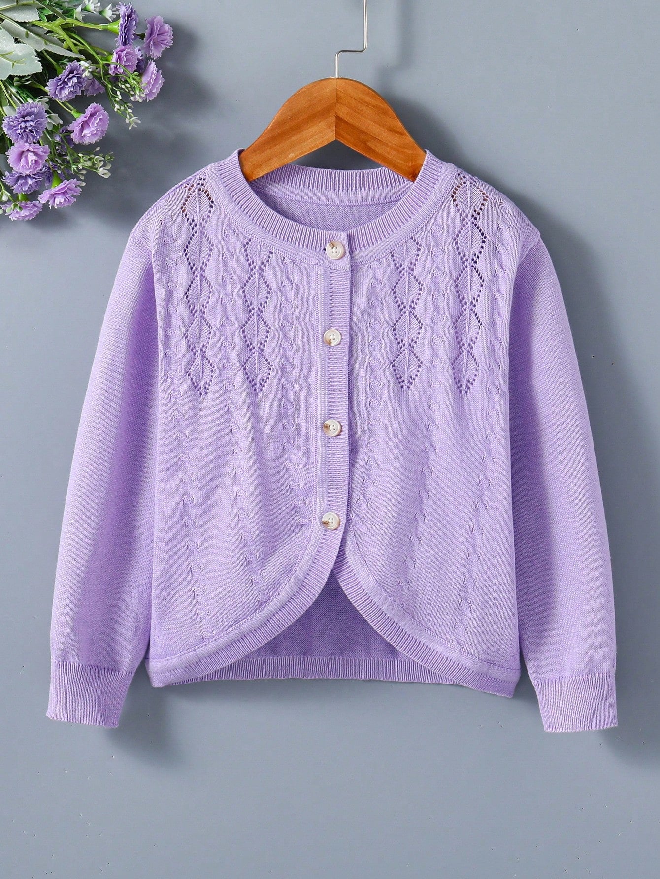 Young Girl Long Sleeve Hollow Out Cardigan With Open Front