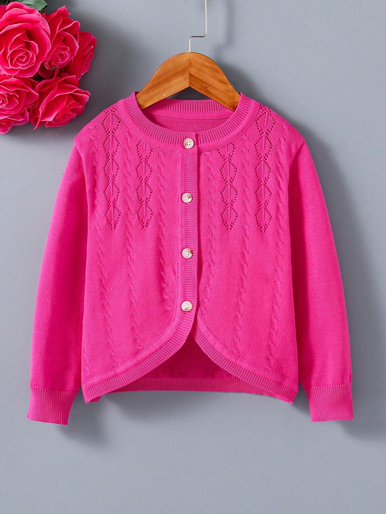 Young Girl Long Sleeve Hollow Out Cardigan With Open Front