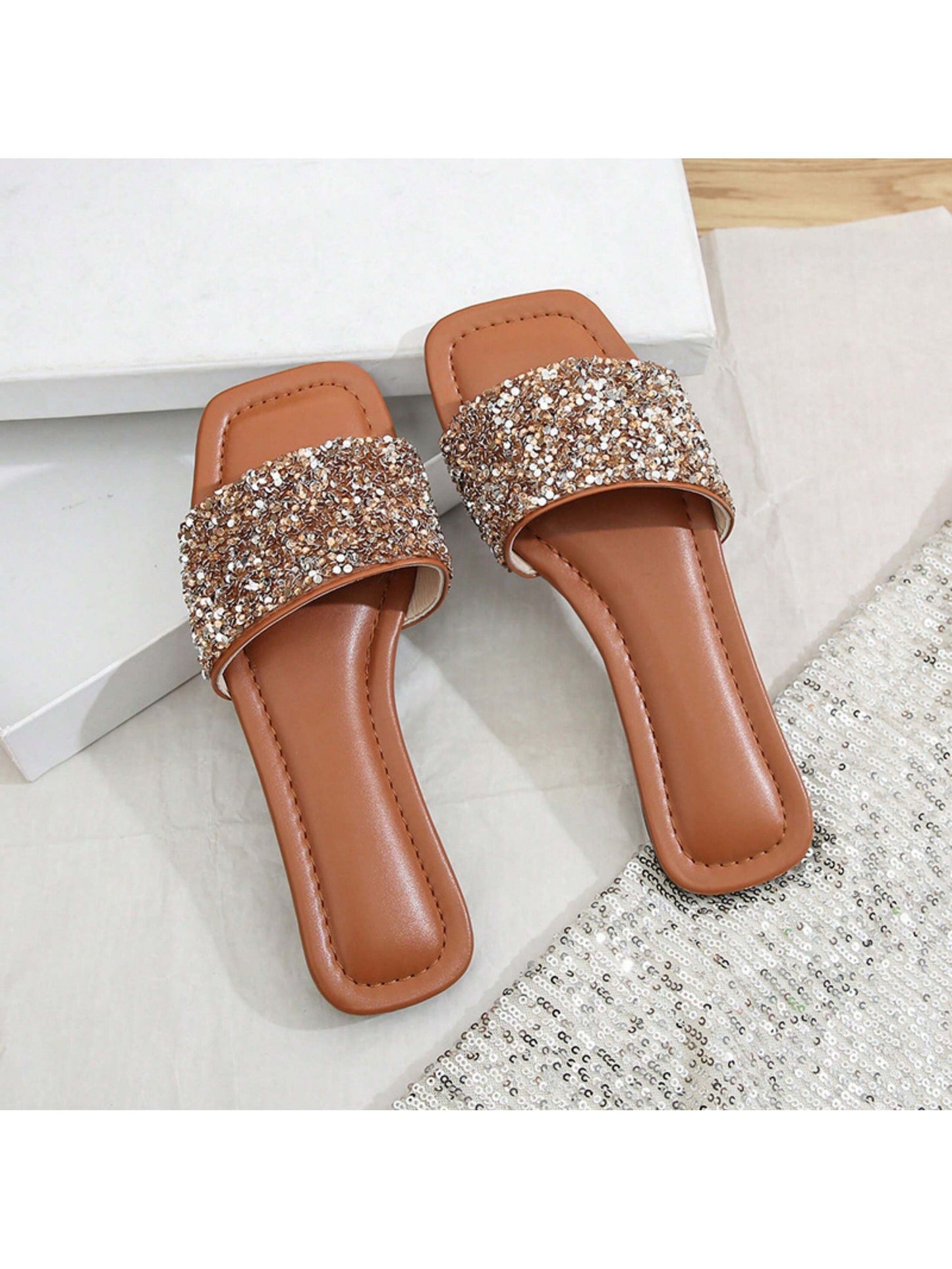 Women's Sandals Rhinestone Slide Glitter Bling Casual Sandal Flat Open Toe Sparkle Slides