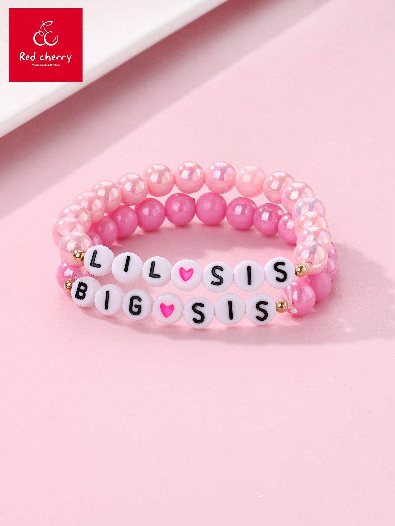 2pcs/set Colorful Heart Shaped Acrylic Bead White Big Sis Lil Sis Letter Detail Beaded Bracelet For Toddler Girls, Suitable For Daily Wear