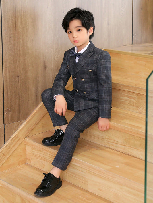 Young Boy 4pcs/Set Plaid Suit Set, Including Jacket, Vest, Pants And Tie, For Formal Occasions In Spring