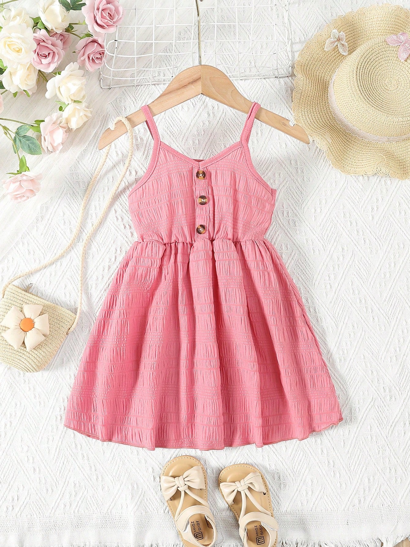 Young Girl Blue Spring Style V-neck Spaghetti Strap Dress With Rolled Edge And Gathered Waist, Summer