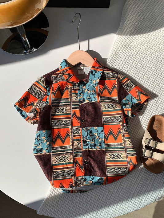 1pc Young Boys' Casual, Comfortable, Stylish, Versatile, Soft And Breathable Short-Sleeved Shirt With Geo Patterns Full Of Vintage Style, Suitable For Holiday In Spring And Summer