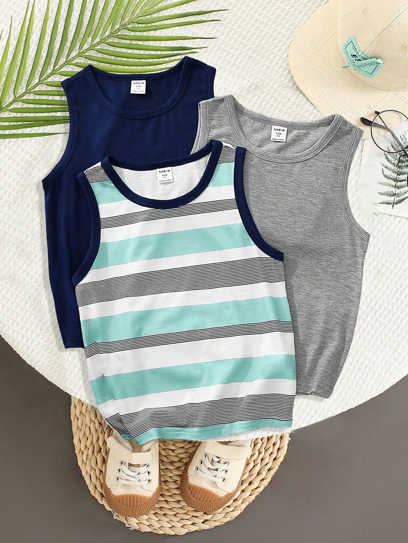 Young Boy 3pcs/Set Casual, Comfortable, Fashionable And Versatile Breathable Striped And Solid Color Tank Top For Spring And Summer