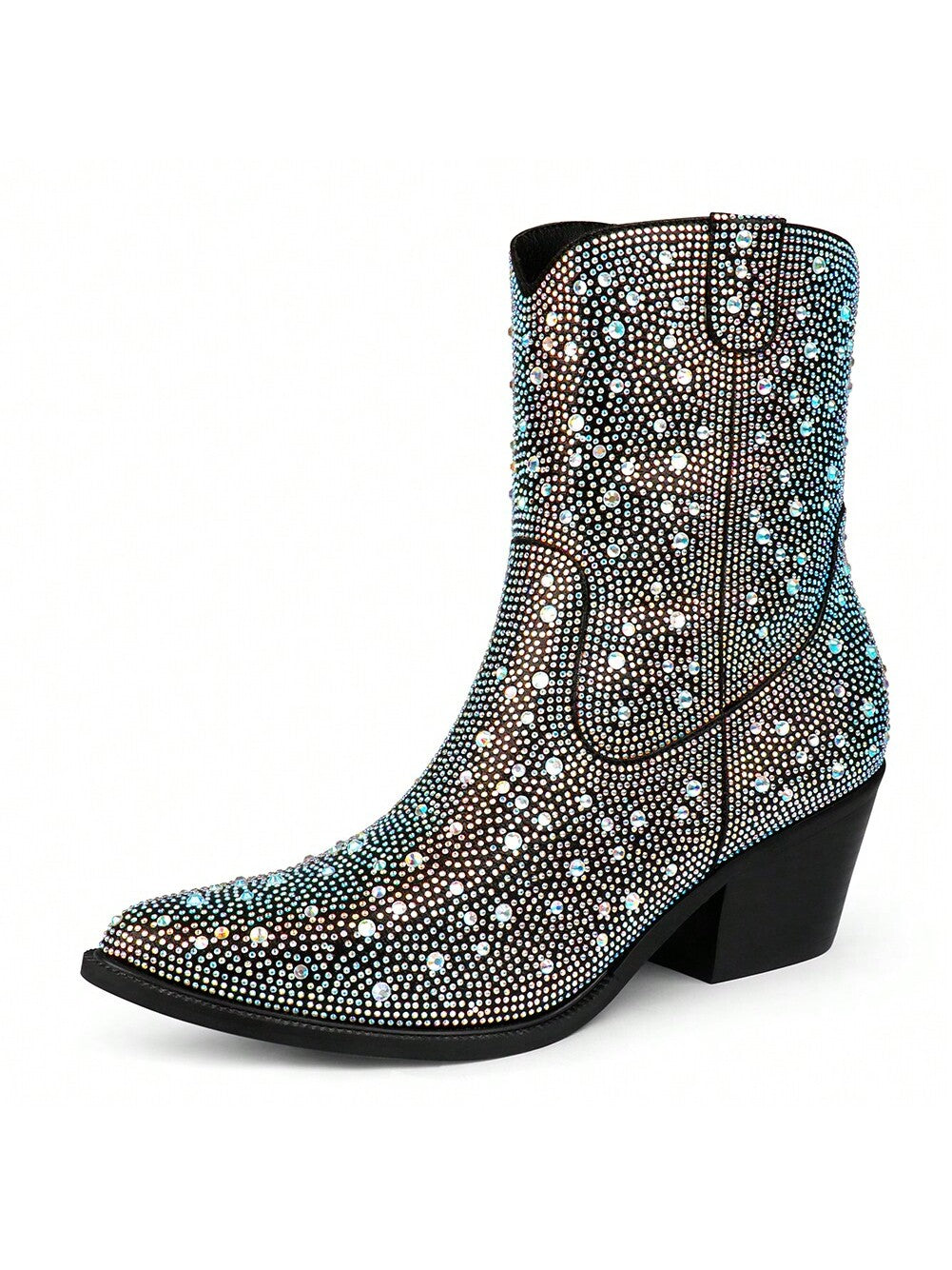 Zzheels Women's Rhinestone Boots Sparkly Cowboy Boots For Women Pointed Toe Ankle Sparkly Cowgirl Boots Chunky Heels