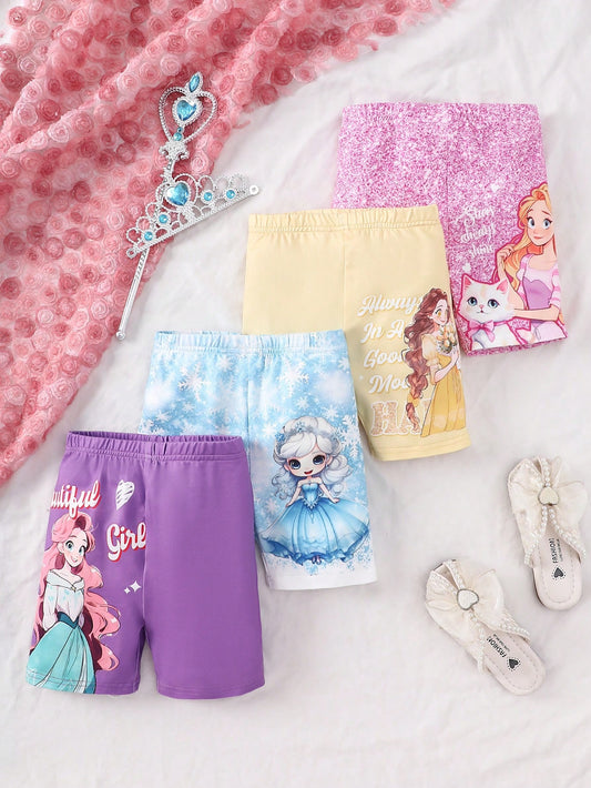 Young Girls' Cartoon Knit Comfortable Skin-Friendly Shorts 4pcs/Set