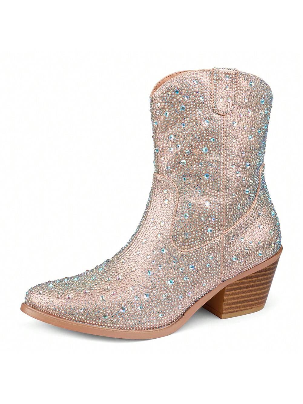 Zzheels Women's Rhinestone Boots Sparkly Cowboy Boots For Women Pointed Toe Ankle Sparkly Cowgirl Boots Chunky Heels