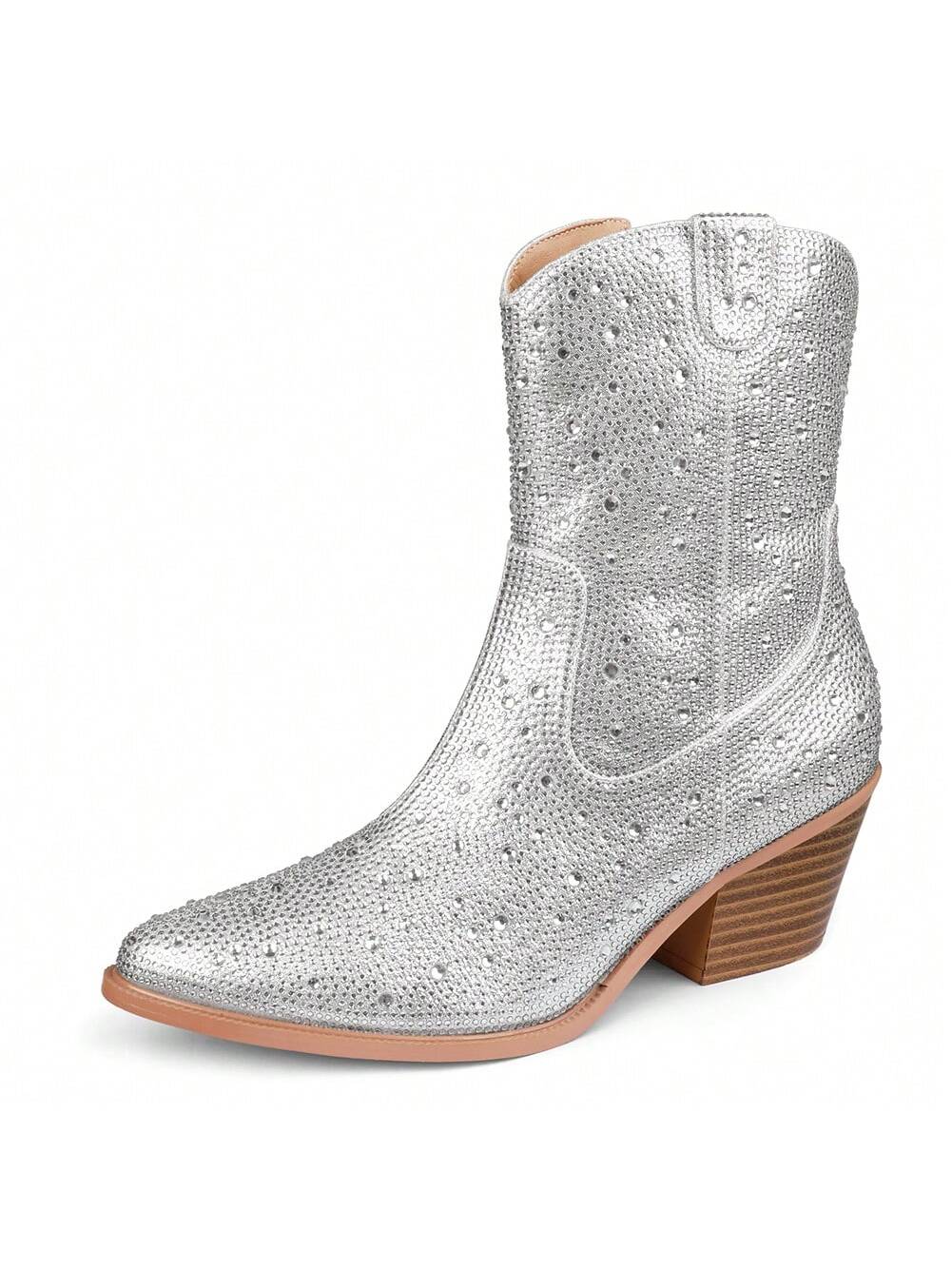 Zzheels Women's Rhinestone Boots Sparkly Cowboy Boots For Women Pointed Toe Ankle Sparkly Cowgirl Boots Chunky Heels