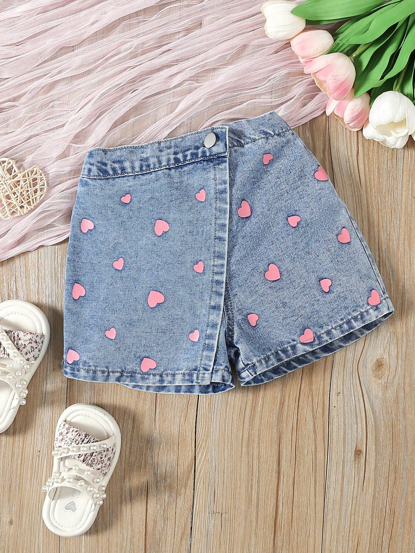 Young Girl Casual Comfortable Lovely Heart Print Denim Shorts