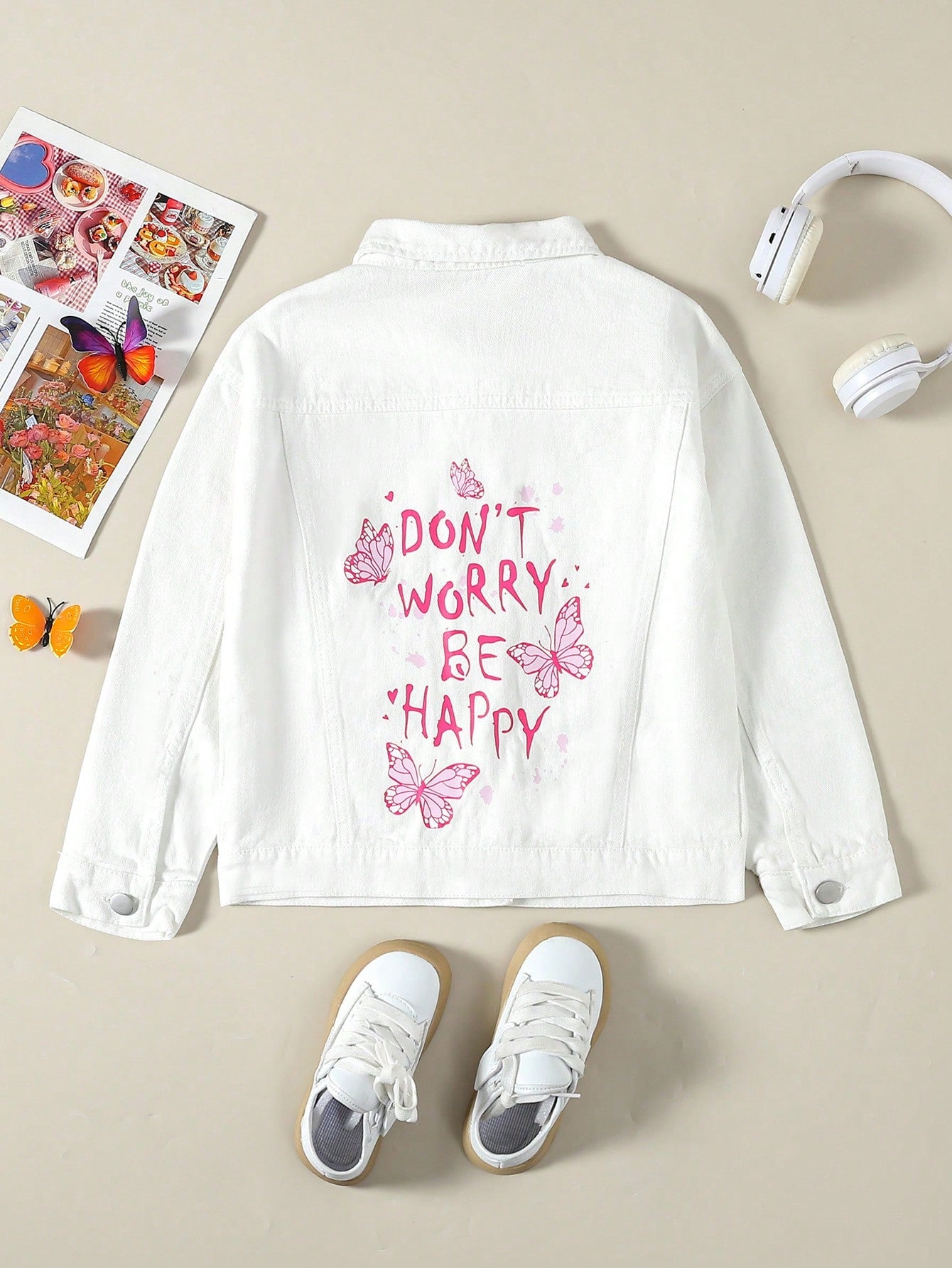 Tween Girl Butterfly & Slogan Graphic Denim Jacket