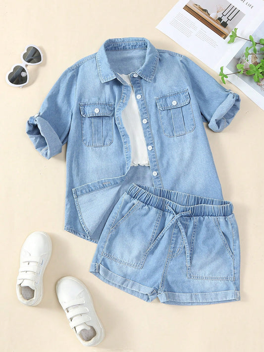 Kids Tween Girls' College Style Casual Loose Comfortable Soft Denim Top And Shorts 2pcs/Set