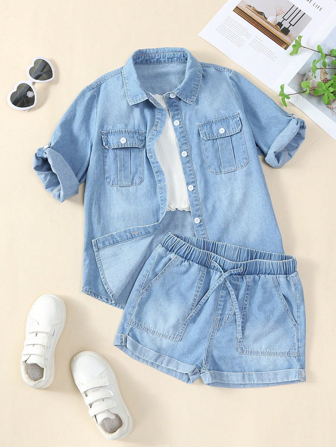 Kids Girls' Casual Loose Denim 2-Piece Set, Comfortable And Soft