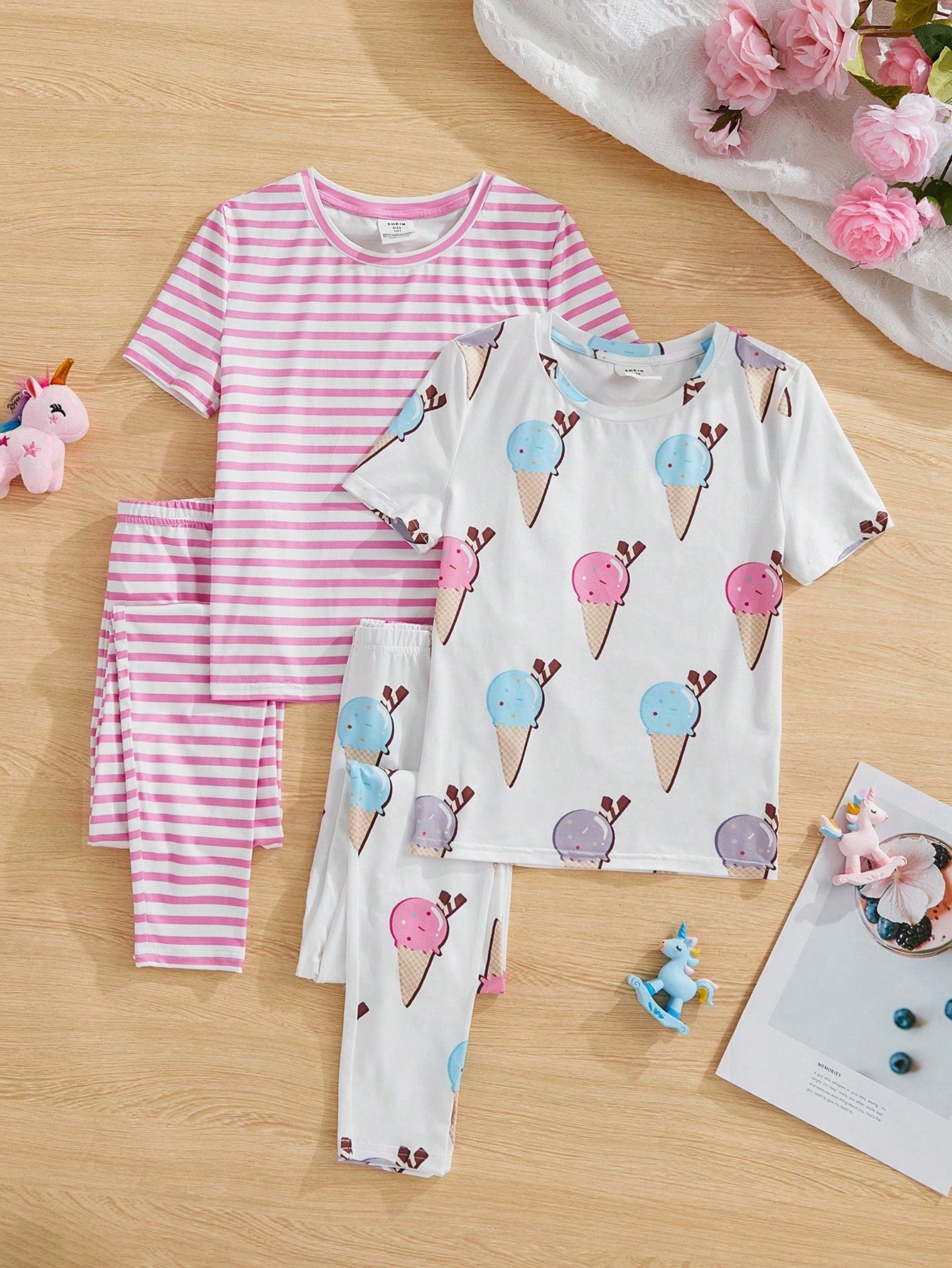 4pcs/Set Tween Girl Round Neck Short Sleeve T-Shirt And Pants Snug Fit Pajamas Set