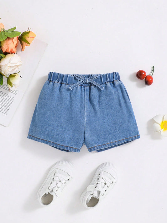 Young Girl New Summer Vacation Sunlight Cute Doll Bow Decor Washed Casual Comfort Denim Shorts