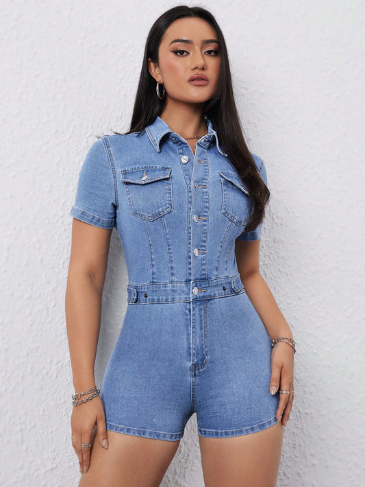 Women's Short Sleeve Denim Romper