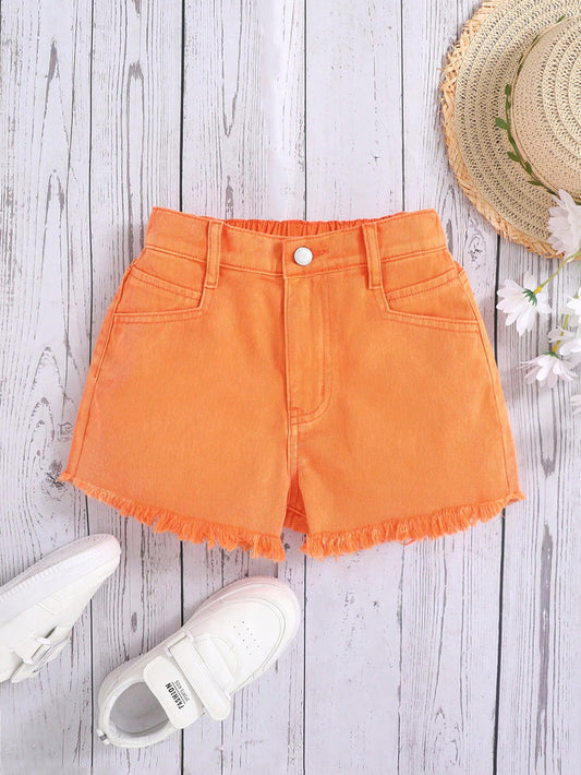 Tween Girl's Washed Casual Fashion Academy Solid Color Frayed Denim Shorts