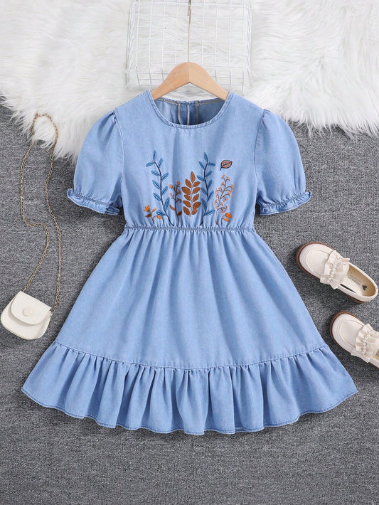 Tween Girl New Embroidered Flower & Leaf Design Washed Sweet Casual Fashion Denim Dress For Vacation