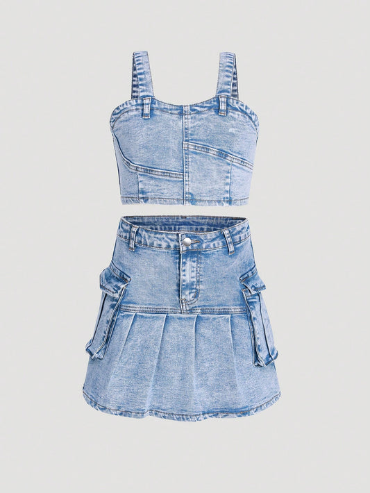 Streecool Kids Tween Girl Denim Washed Suspender Vest Top And Pleated Denim Skirt Set