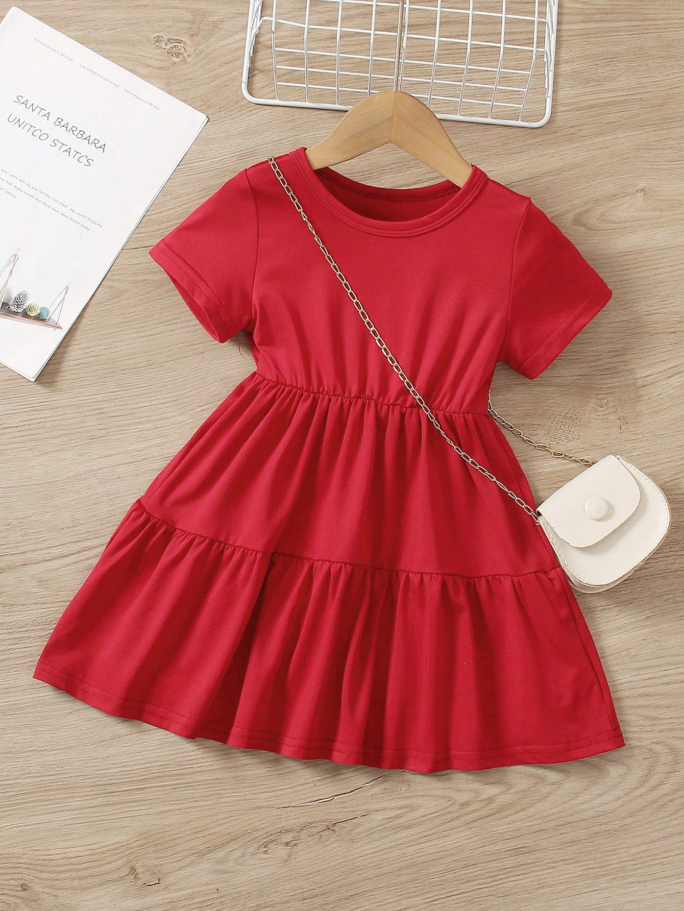 Young Girl Round Neck Solid Color Ruffle Hem Summer Casual Dress, Fashionable And Comfortable For Spring And Summer Wear