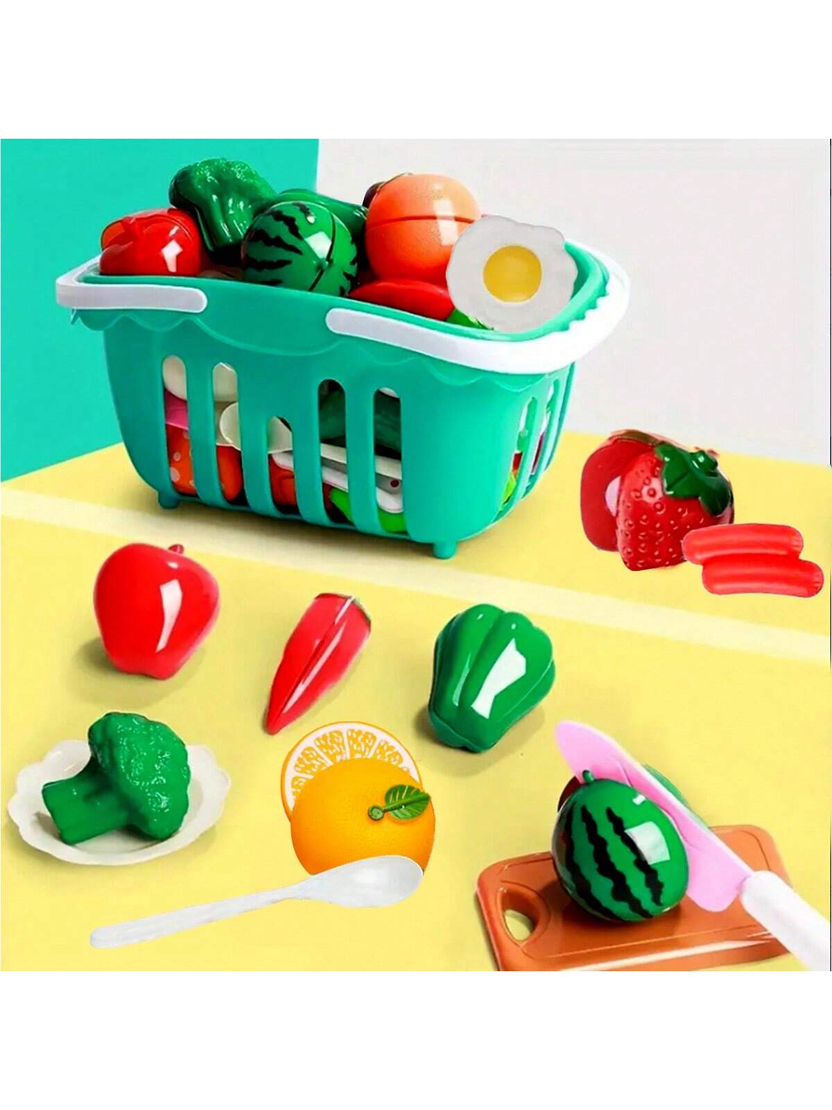 20pcs Children Fruit Cutting Kitchen Playset With Storage Basket,Food And Vegetable Toys For Pretend Play Games(Random Color For Small Parts)