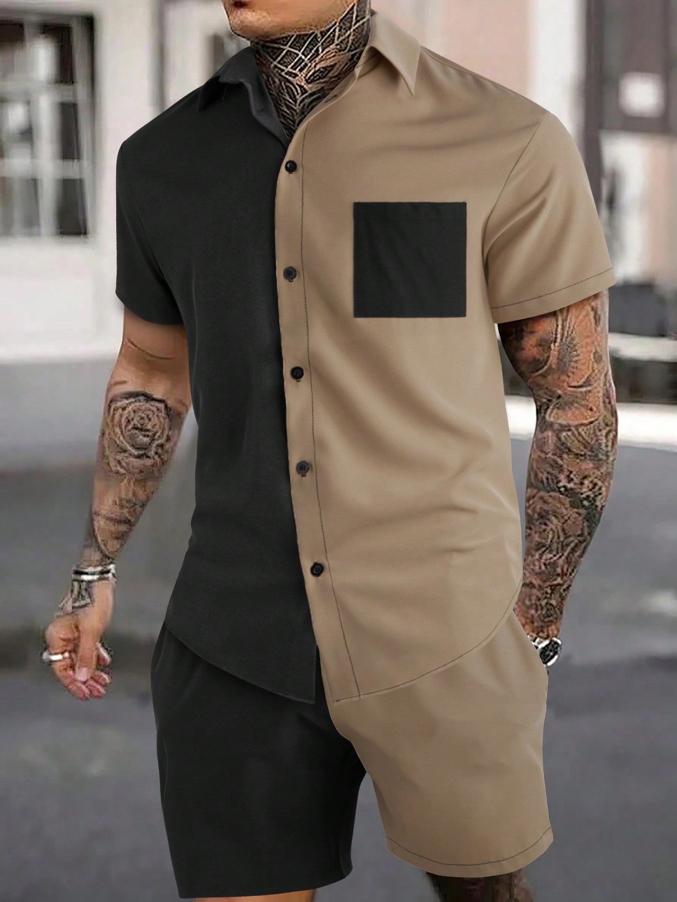 Men's Contrast Color Short Sleeve Shirt And Shorts Set